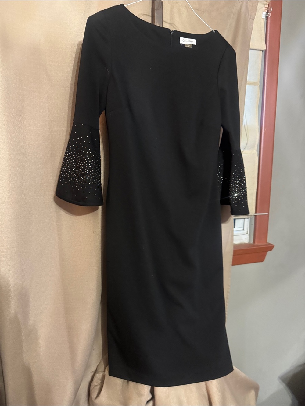 Calvin Klein Black Bell-Sleeve Sheath Dress with Rhinestone Detail J11-2